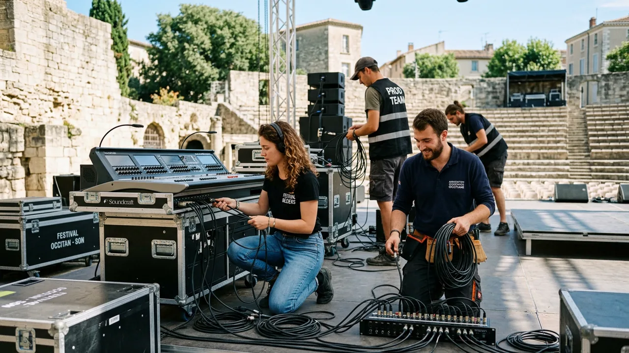 Techniciens b&eacute;n&eacute;voles en cours de d&eacute;ploiement mat&eacute;riel sur site sc&eacute;nique